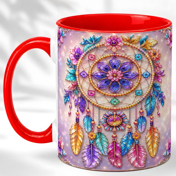 Rainbow Dream Catcher Coffee Mug, Boho Floral Mug, Ceramic 11 oz