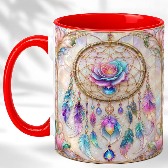 Rainbow Dreamcatcher Coffee Mug, Boho Feather Mug, Ceramic 11 oz