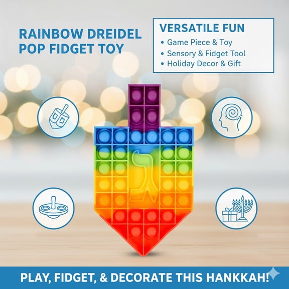 Rainbow Dreidel Pop Fidget Toy, Hanukkah Stress Relief Sensory Push Pop Bubble Game, Multi-Color Silicone, Holiday Party Favor