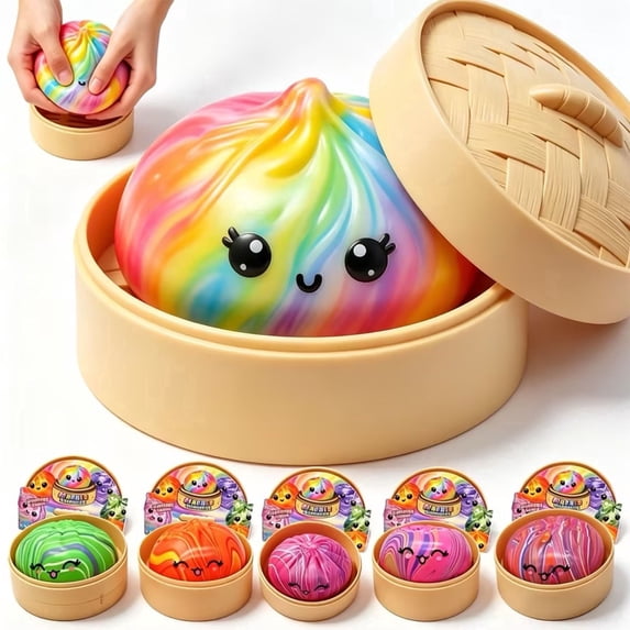 Rainbow Dumpling Squishy,Jumbo Rainbow Dumpling Squishy Toys with Mini Steamer Box - Viral Cute Bao Bun Stress Relief Ball, Soft Slow-Rising Sensory Fidget Squeeze Toys for Teens & Adults