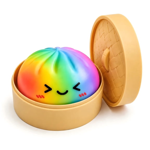 Rainbow Dumpling Squishy with Steamer Box, Soft Stretchy Bao Bun Squeeze Fidget Ball, Colorful Sensory Decompression Desk Accessory for Work Study Breaks