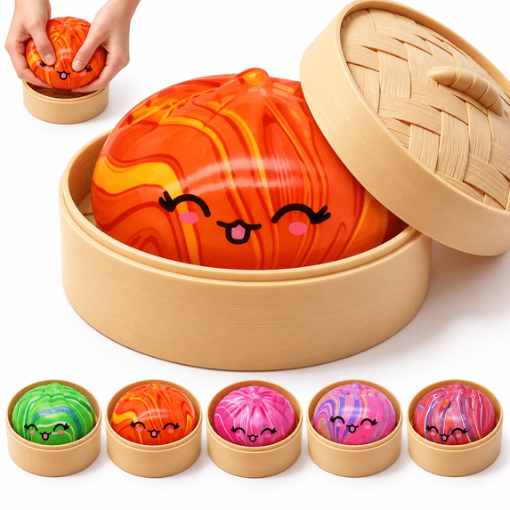 Rainbow Dumpling Squishy Toys with Steamer Box, Giant Glitter Bao Bun Soft Squeeze Sensory Fidget Toys for Teens & Adults, Stress Relief Decompression Dough Gift
