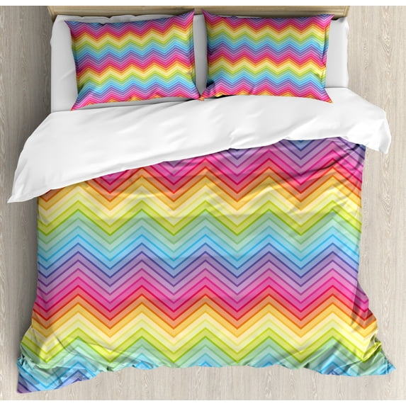 Rainbow Duvet Cover Set King Size, Colorful Zig Zag Chevron Pattern Geometric Modern Sharp Design Fancy Illustration, Decorative 3 Piece Bedding Set with 2 Pillow Shams, Multicolor, by Ambesonne