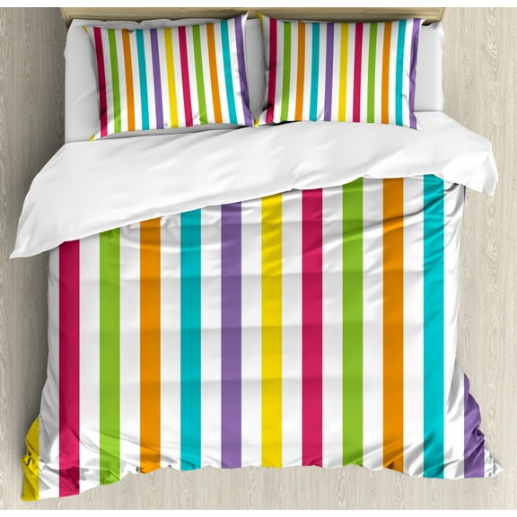 Rainbow Duvet Cover Set King Size, Minimalist Line Art with Different Vibrant Colors Design Modern Abstract Pattern, Decorative 3 Piece Bedding Set with 2 Pillow Shams, Multicolor, by Ambesonne