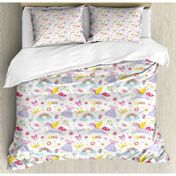 Rainbow Duvet Cover Set, Repetitive Unicorn Pegasus with Funny Cartoon Items, Decorative 3 Piece Bedding Set with 2 Pillow Shams, King Size, Multicolor, by Ambesonne