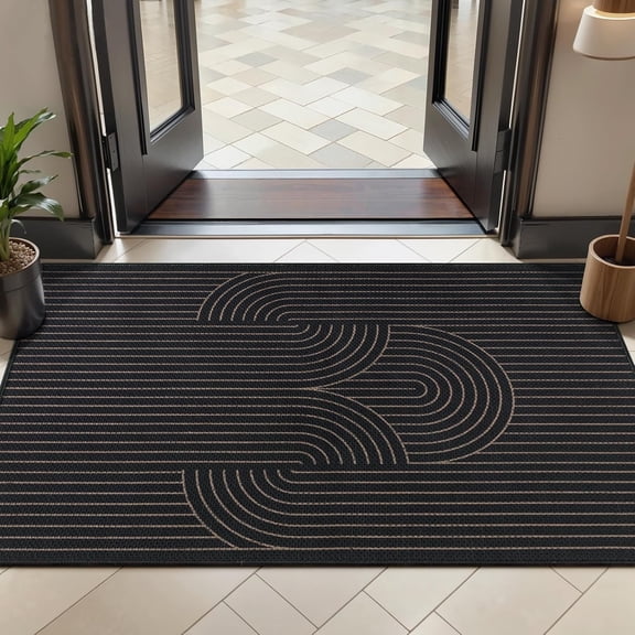 Rainbow Easy Jute Rug 2x4 Small Throw Rugs for Entryway,Washable Ultra Thin Outdoor Door Mat, Black Geometric Non-Slip Indoor Floor Carpet for Entrance Kitchen Hallway Bedroom Front Porch