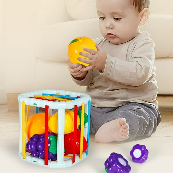 Rainbow Elastic Shape Sorter Toy for Babies – Sensory Motor Skills Activity Cube with 6 Colorful Fruit Inserts Stretchy Strings Fine Motor Development Travel Toy for Infants 6 Months Up, Blue