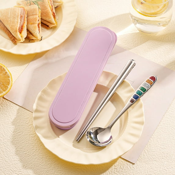 Rainbow Enamel Spoon and Chopstick Set, Stainless Steel Portable Cutlery, Camping Utensil Kit, for Outdoor Dining, Workspace Lunches, Academy Meals, Purple, 1 Pc, by IHXORA