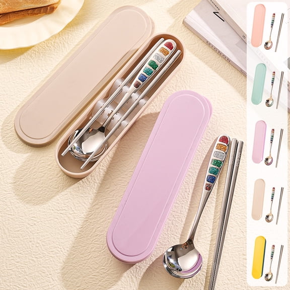 Rainbow Enamel Spoon and Chopstick Set, Stainless Steel Utensils, Portable Cutlery Box, for Camping, Workspace Lunches, Academy Meals, Beige, 1 Pc, by IHXORA