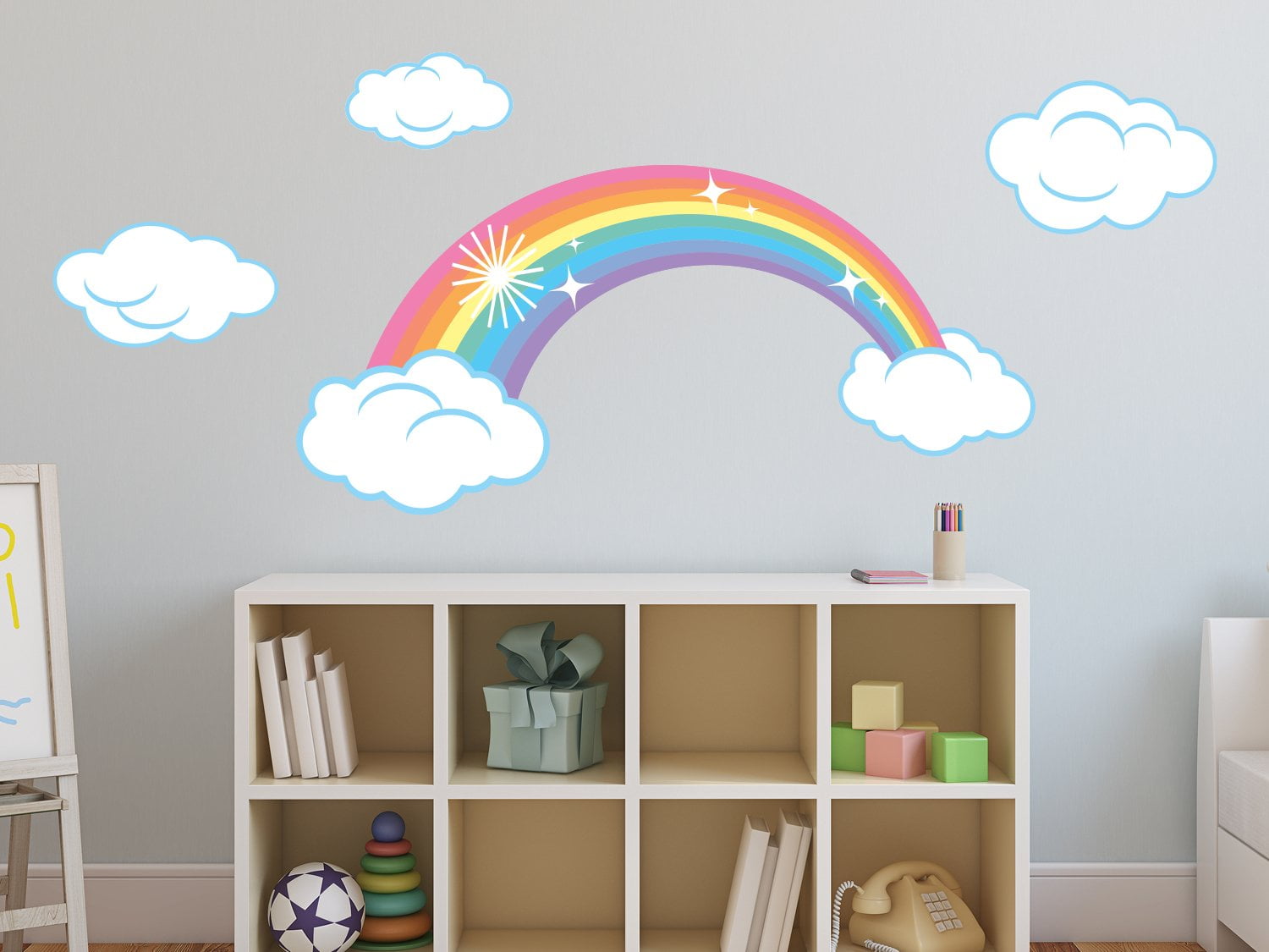 Rainbow Fabric Wall Decal, Sparkling Rainbow Wall Decor With Clouds
