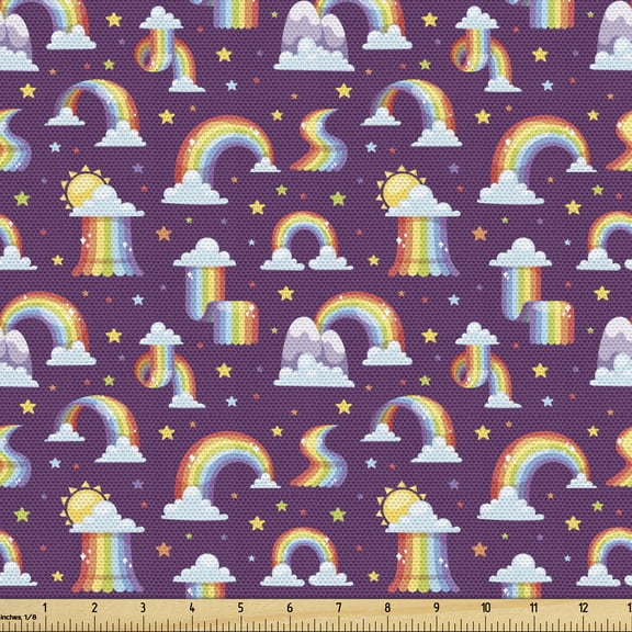 Ambesonne Rainbow Fabric by the Yard Upholstery, Cartoon Clouds Stars Sun, 3 Yards, Dark Magenta Multicolor