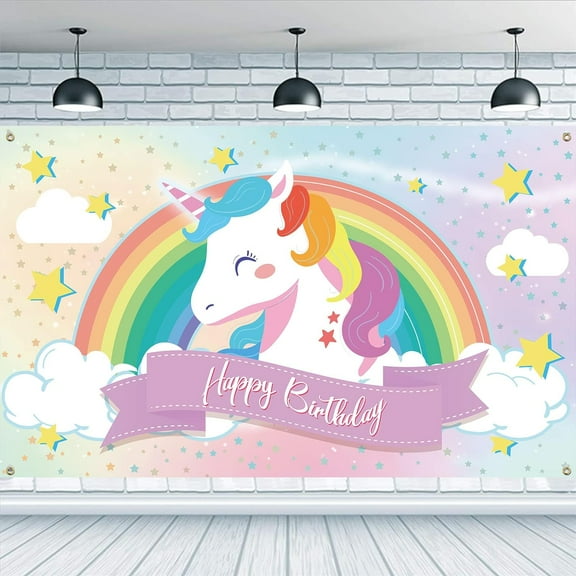 Rainbow Fairy Horse Happy Birthday Backdrop 6x3.6ft Hanging Banner Party Decoration Cartoon Clouds Stars Background Photo Shoot Decor Fabric Birthday Celebration Backdrop for Boys GirlsCoffee