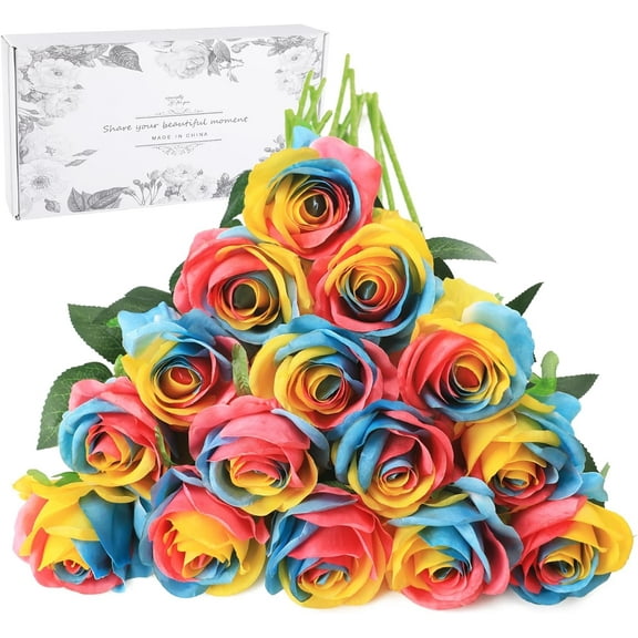 Rainbow Fake Roses Artificial Flowers - Fake Artificial Roses Silk Flowers with Stems for Home Wedding Hotel Office Centerpiece Decor（Rainbow）