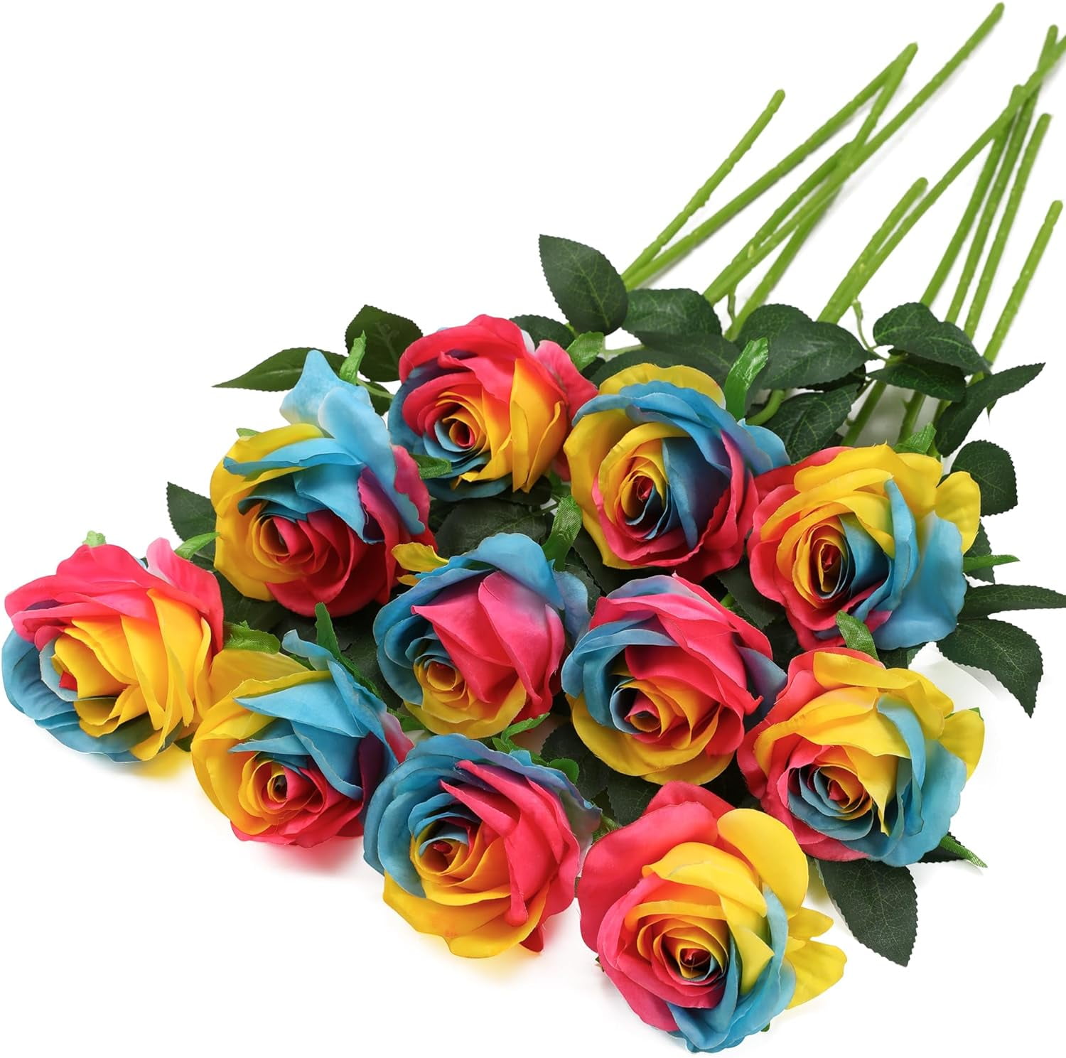 Rainbow Roses Artificial Flowers - Artificial Roses Silk Flowers with Stems for Home Wedding Hotel Office Centerpiece Decorï¼Rainbowï¼