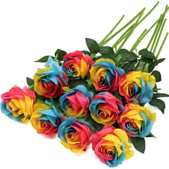 Rainbow Fake Roses Artificial Flowers - Fake Artificial Roses Silk Flowers with Stems for Home Wedding Hotel Office Centerpiece Decor（Rainbow）