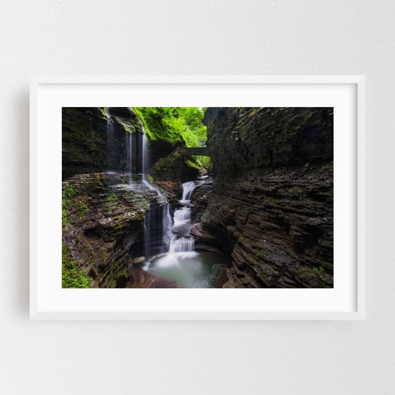 Rainbow Falls, Watkins Glen - New York Photography Waterfall Nature Forest Landscape Scenic Bridge Rural White Framed Wall Art Print 5 x 7 inches