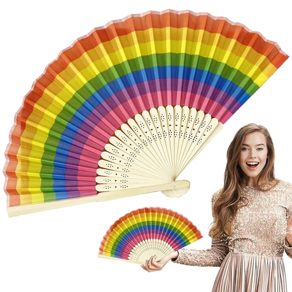 Rainbow Fans - Pride Folding Fans Made of Bamboo - Coloured Accessories for CSD Festival Rave Techno Wedding Party Women Men 8.27 In