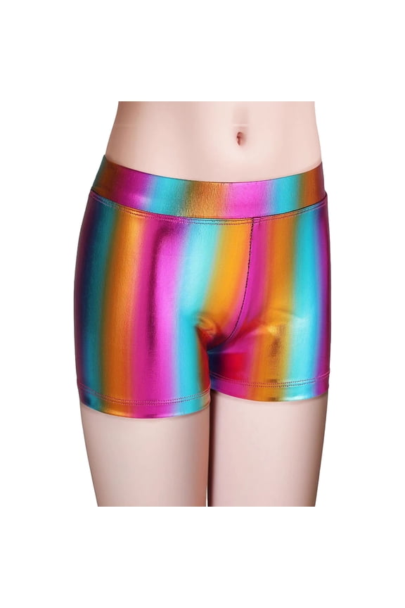 Rainbow Faux Faux Leather Shorts for Girls - High Waist Shiny Dance Shorts, Multicolor Kids to Kids Sizes 3-12 Years,Size 3 T