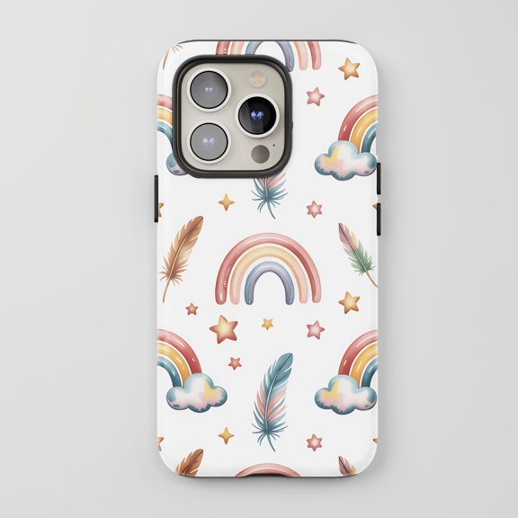 Rainbow Feather For All iPhone Series Protective Phone Case Watercolor Boho White