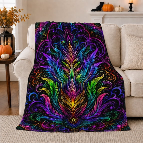 Rainbow Feather Plume on Black, Mystical Boho Style for Nature Lovers, Neon Feather Garden Motif and Birthday Gift, Soft Flannel Blanket for Bedroom and Reading Nook, Home Decor