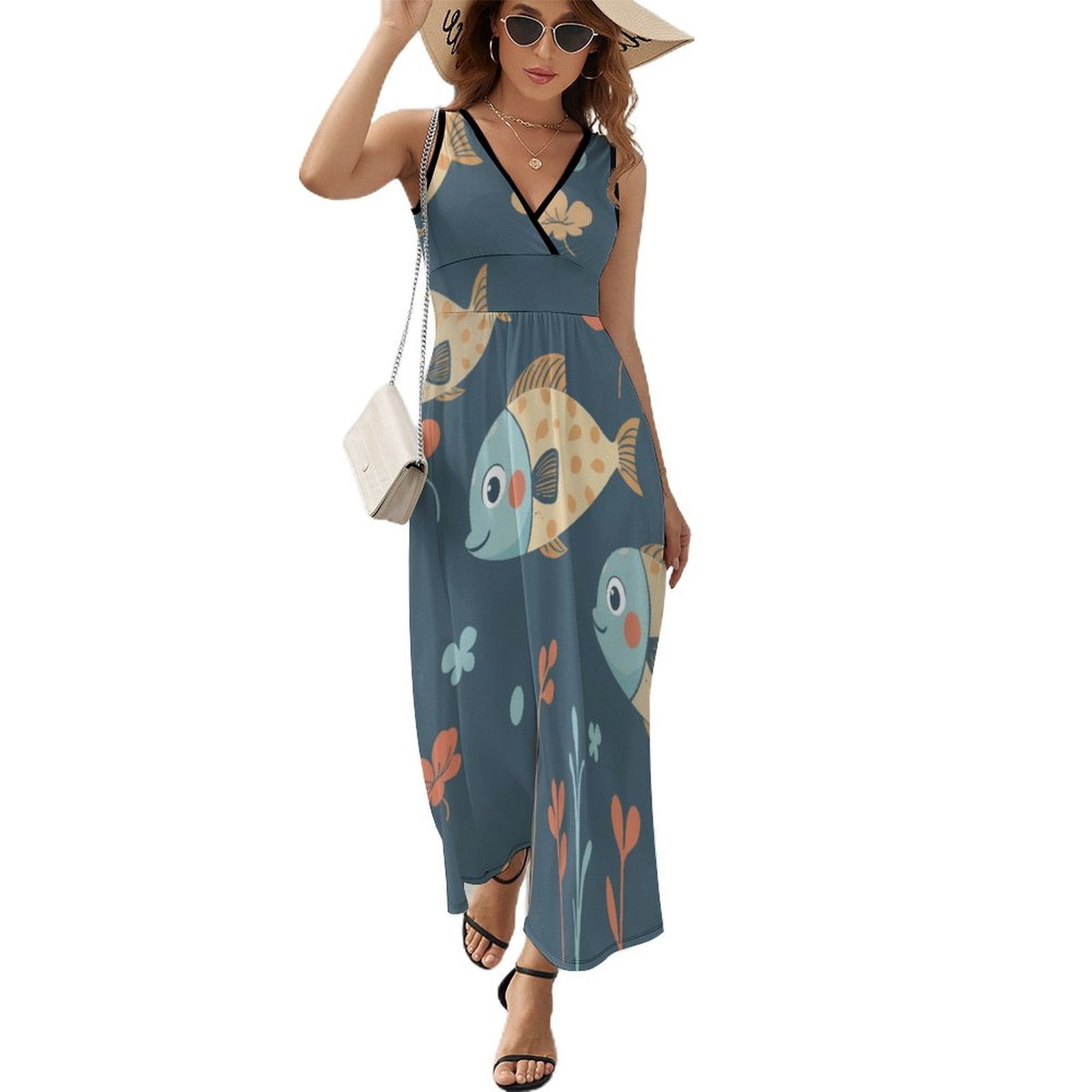 Adult's Fish - Blue Sleeveless Dress With Gathered Skirt - 1 Left Size S