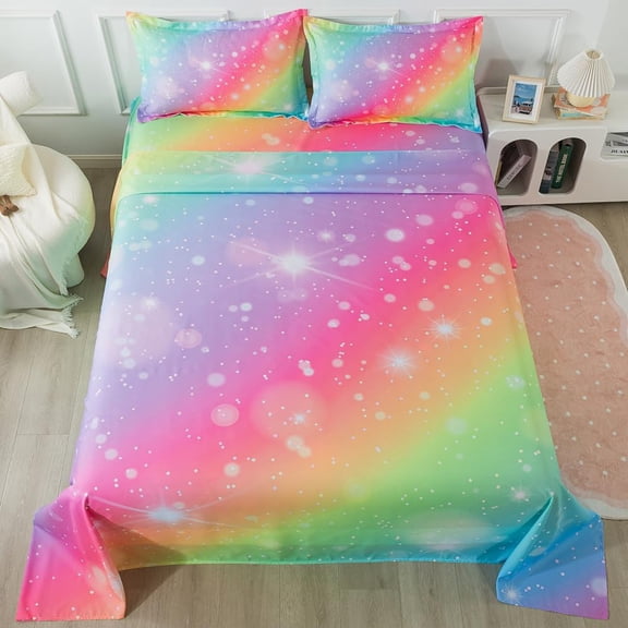 Rainbow Fitted Bed Sheet for Kids 4 Pieces Rainbow Sheets Queen for Girls Pink Glitter Tie Dye Pastel Bed Set (1 Ft Sheet + 1 Deep Pocket Fitted Sheet and 2 Pillowcases) Bedroom Decor