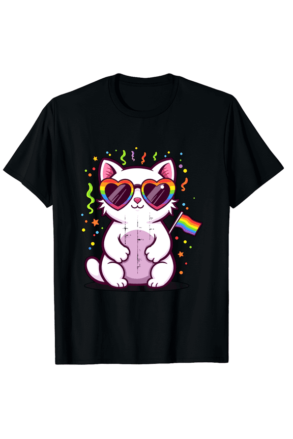 Rainbow Flag Cat LGBTQ Pride T-Shirt Unisex Adult Black Tee