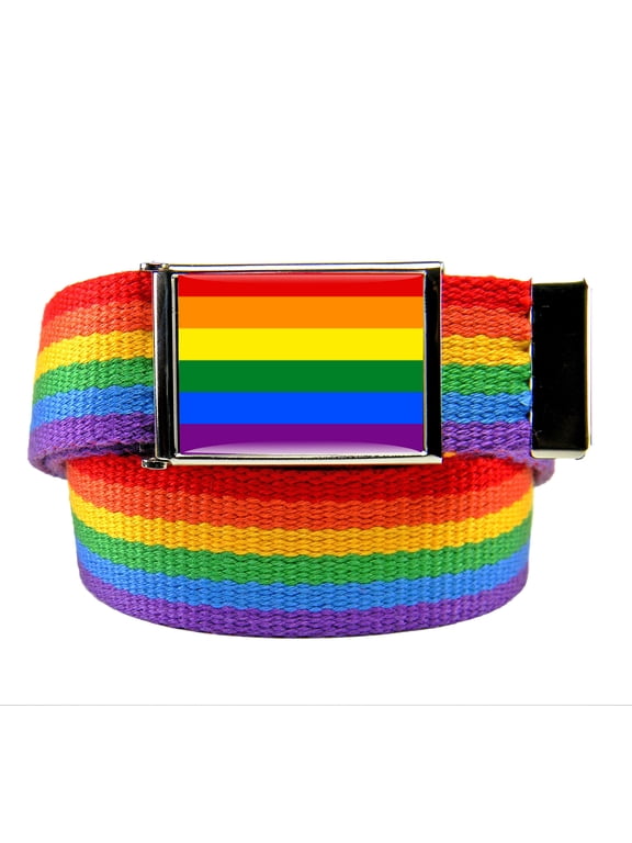 Rainbow Flag Flip Top Bottle Opener Belt Buckle with Rainbow Canvas Belt Small