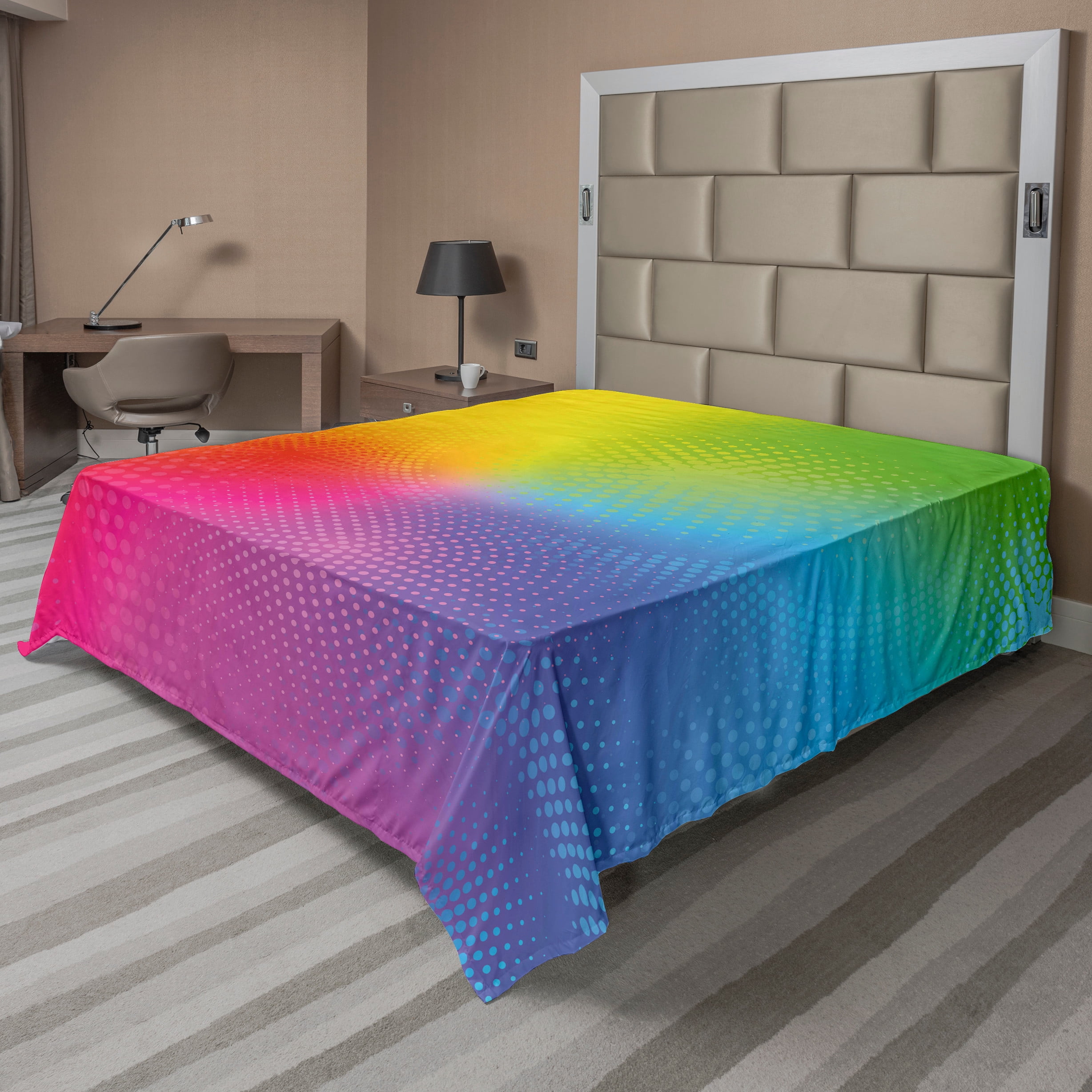 Rainbow Flat Sheet, Vibrant Neon Colors Circles Rounds Dots Radiant