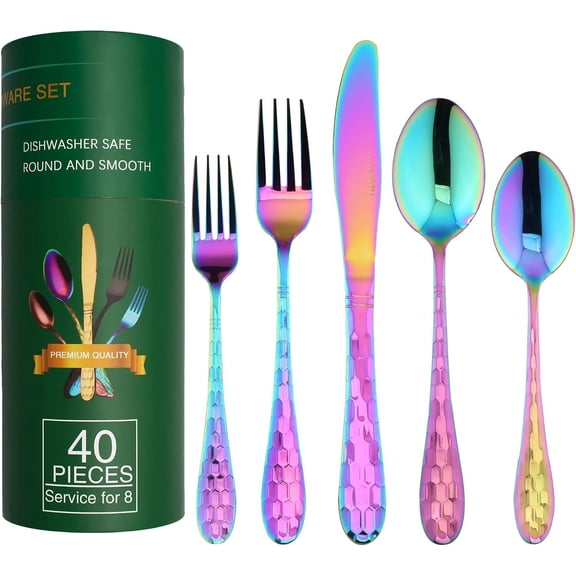 Rainbow Flatware Cutlery Silverware Set 40 count, 18/10 Stainless Steel Colorful Utensils, Tableware Flatware Set Service for 8, Include /Fork/Spoon, Mirror Polished, Dishwasher Safe (Rainbow)...