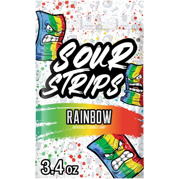 Sour Strips Rainbow Flavored Chewy, Candy Bag, 3.4 oz