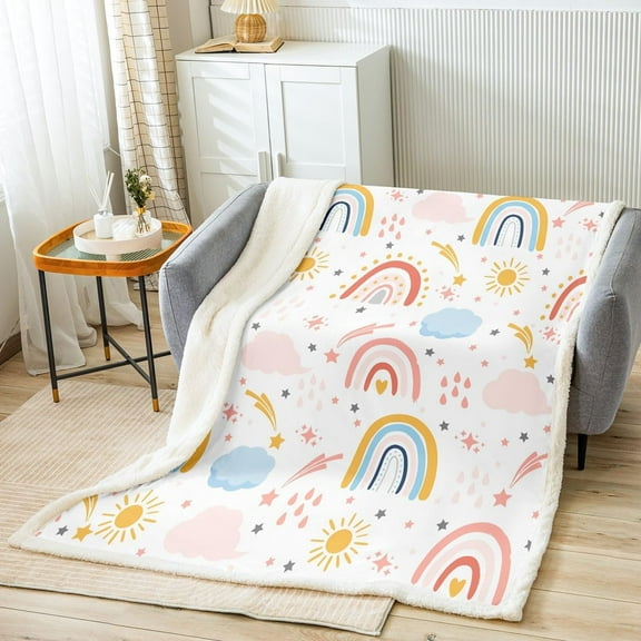 Rainbow Fleece Throw Blanket Kids Sun and Stars Printed Fuzzy Blanket for Sofa Bed Couch for Boys Teens Heat Clouds Bohemian Sherpa Blanket Yellow Pink Bedspread Cover Room Decor,40x50 Inches