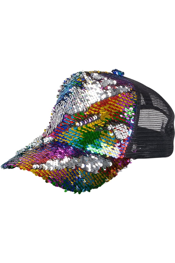 Rainbow Flip Sequin 2 Sided Trucker Hat Cap Costume Accessory