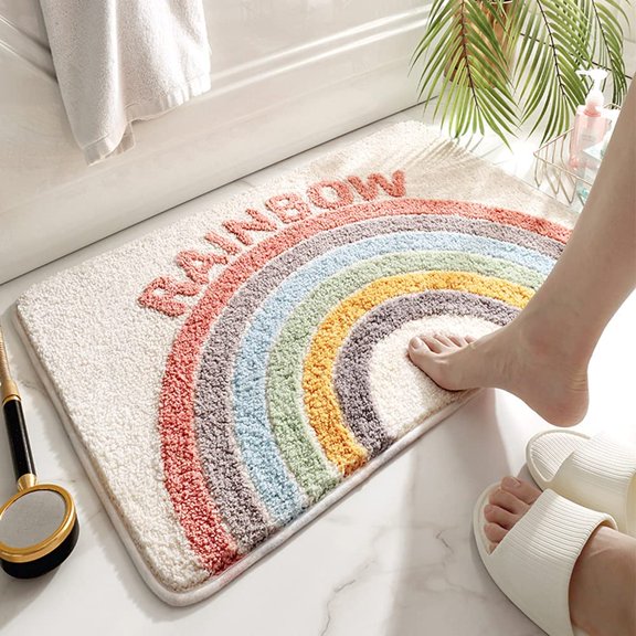 Rainbow Flocking Bath Mat, Bathroom Rug Water Absorbent Non-Slip Soft Microfiber Carpet Mat for Tub Sink Shower and Bath Room Cute Cartoon Doormat, 24"x 16"