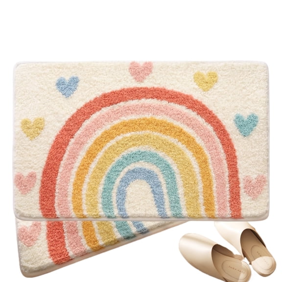Rainbow Flocking Bath Mat, Bathroom Rug Water Absorbent Non-Slip Soft Microfiber Carpet Mat for Tub Sink Shower and Bath Room Cute Cartoon Doormat, 24"x 16"