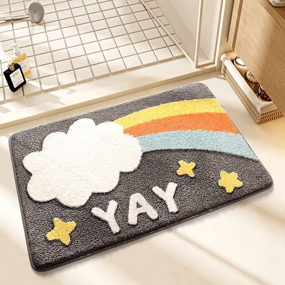 Rainbow Flocking Bath Mat, Bathroom Rug Water Absorbent Non-Slip Soft Microfiber Carpet Mat for Tub Sink Shower and Bath Room Cute Cartoon Doormat, 32"x 20"