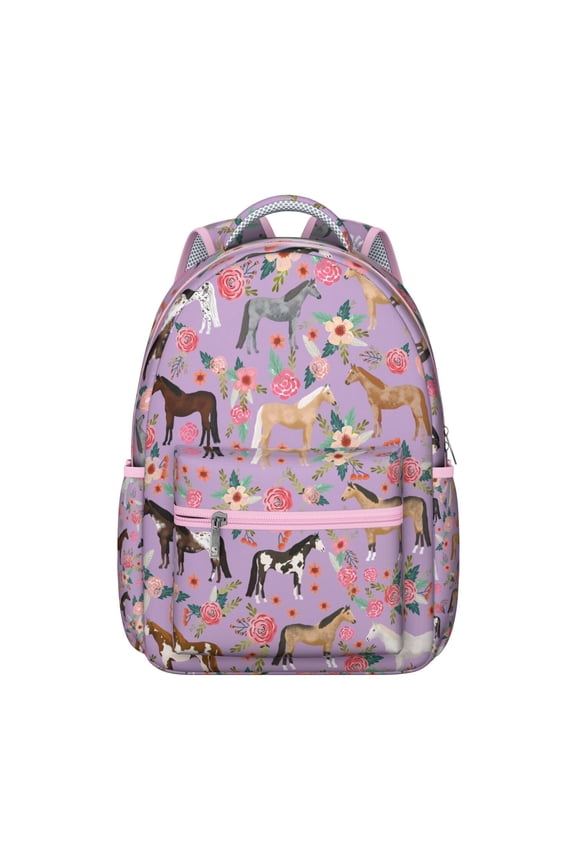 Floral Horse and Pony Print Student School Backpack Retro Rural Foal Pattern Cute Design Book Bag