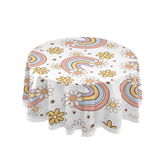 Rainbow Floral Pattern Round Lace Tablecloth 60 Inch Polyester Wrinkle Resistant Decorative