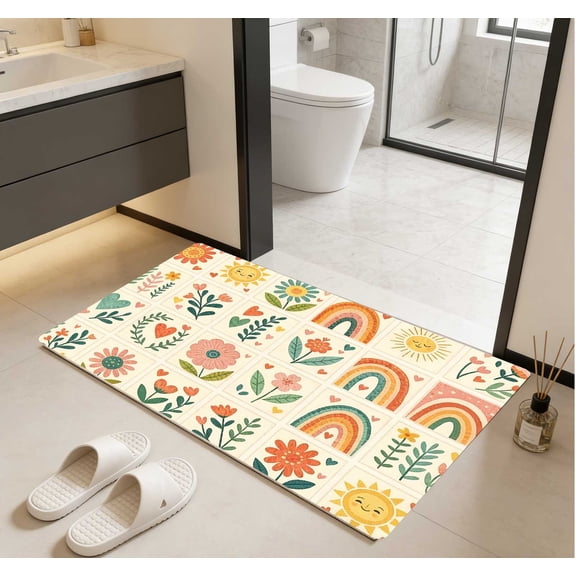 Rainbow Floral Tile Area Rug, Fresh Country Style Non-Slip Wear-Resistant Floor Mat for Living Room Bedroom Entryway, 1 Piece 80x120cm