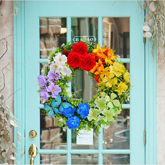 Rainbow Floral Wreath for Front Door, 16-Inch Colorful Spring/Summer Decorative Wreath with Butterflies, Artificial Flower Wreath for Home Wall Window Porch Decor, Indoor Outdoor Use