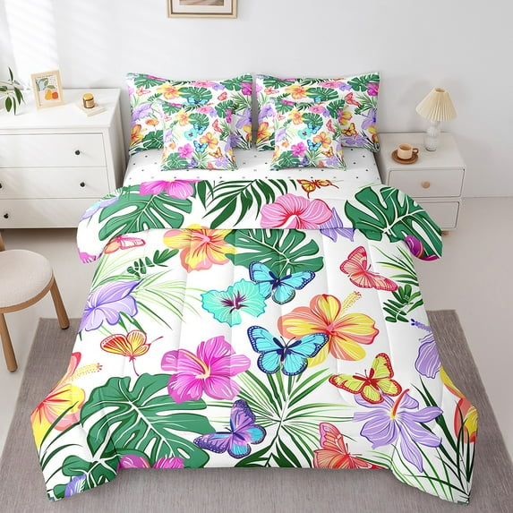 Rainbow Flower Bed Sheets Set,Chic Floral Bed In A Bag ,Butterfly Full Comforter Set 7 Piece,Green Palm Leaf Bed Set,Tropical Botanical Bedding Comforter Sets,With 2 Pillowcase