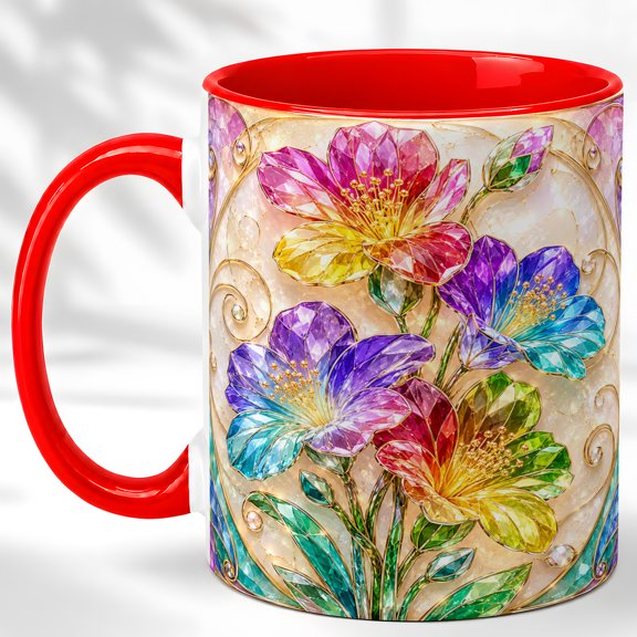 Rainbow Flower Coffee Mug, Gemstone Style Mug, Ceramic 11 oz
