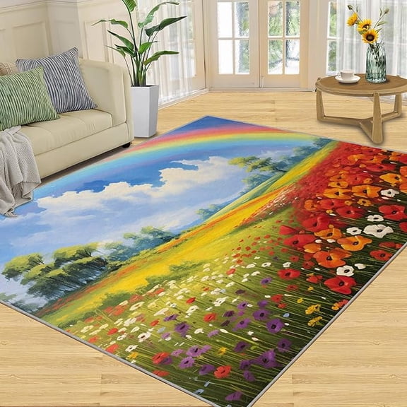 Rainbow Flower Field Area Rug, Countryside Meadow Print Rugs for Living Room, Colorful Kawaii Cloud Rugs for Bedroom, Clouds Stars Carpet for Entryway, Non-Slip Office Home Decor 4 x 5ft