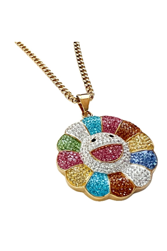 Rainbow Flower Happy Face CZ Sunflower Pendant Gold Plated Stainless Steel Cuban Link Chain Necklace 24"