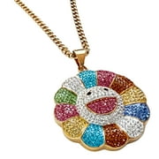 Rainbow Flower Happy Face CZ Sunflower Pendant Gold Plated Stainless Steel Cuban Link Chain Necklace 24"