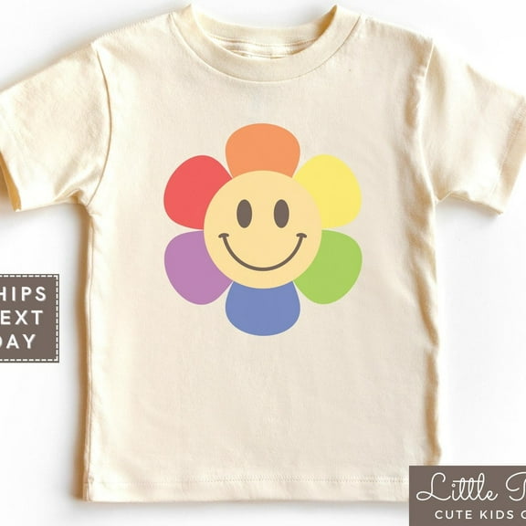 Rainbow Flower Toddler Shirt, Cute Retro Flower Smiley Face Baby Tee, Kids Rainbow Color T-Shirt TODDLER SHORT SLEEVE TEE BELLA CANVAS 3001T