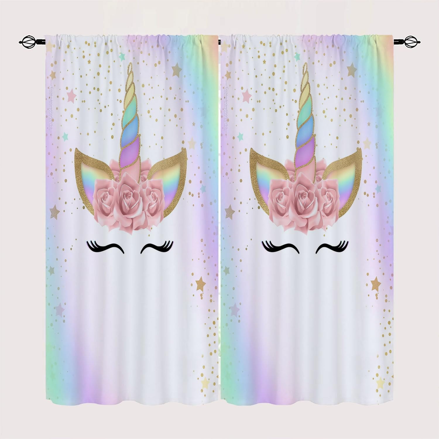 Rainbow Flower Unicorn Blackout Curtains for Kid Girls Boys Bedroom, Fantasy Cute Art Cartoon Rod Pocket Window Drapes for Bedroom Living Room, W42 x L63 Inch