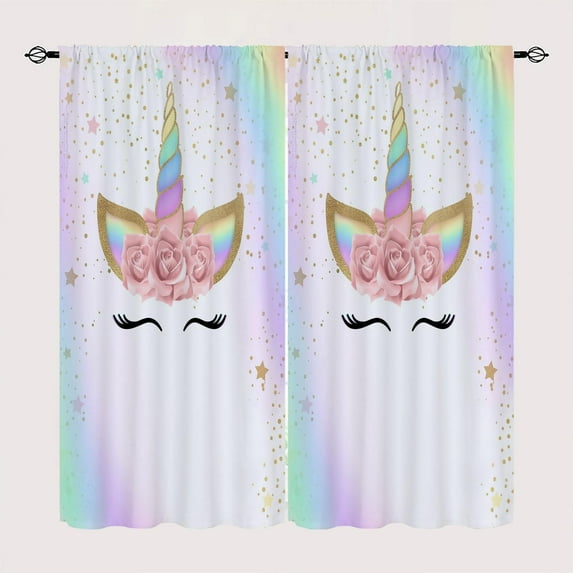 Rainbow Flower Unicorn Blackout Curtains for Kid Girls Boys Bedroom, Fantasy Cute Art Cartoon Rod Pocket Window Drapes for Bedroom Living Room, W42 x L63 Inch