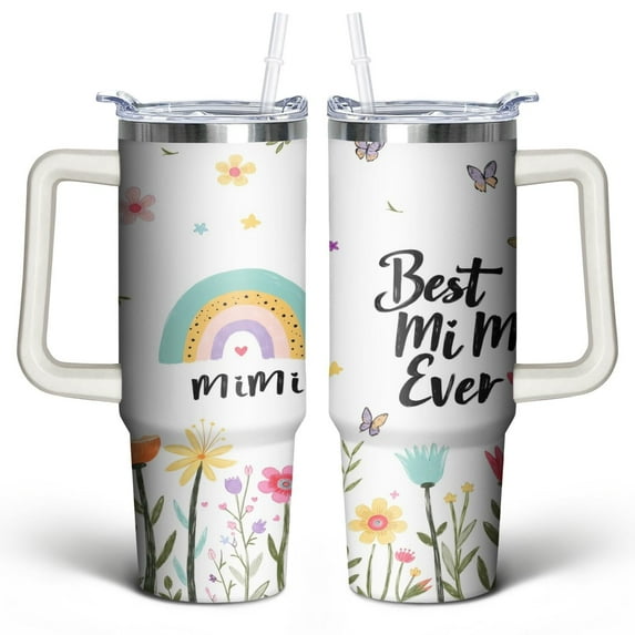 Rainbow Flowers 30 Oz Tumbler with Handle Lid and Straw, Stainless Steel Double Walled Vacuum Insulated Cup, Cute Anniversary Wedding Birthday Gifts Tumbler for Women Men Friends Outdoor Indoor