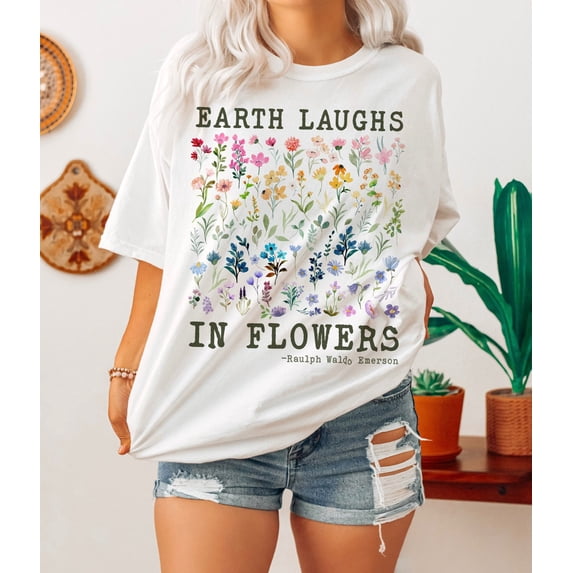 Rainbow Flowers Graphic Tee: Retro Boho Style All Size S-5XL